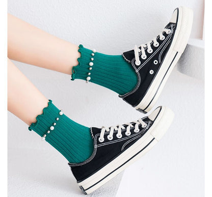 Plain Faux Pearl Beaded Short Socks