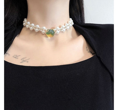 Gemstone Pearl Alloy Choker Faux