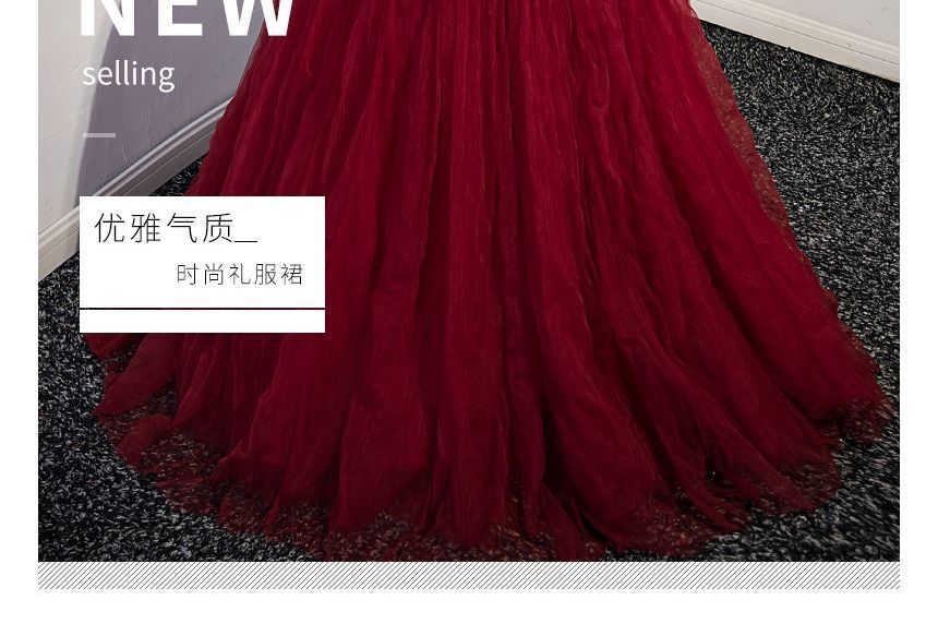 Strapless Bow Shirred A-Line Mesh Evening Gown