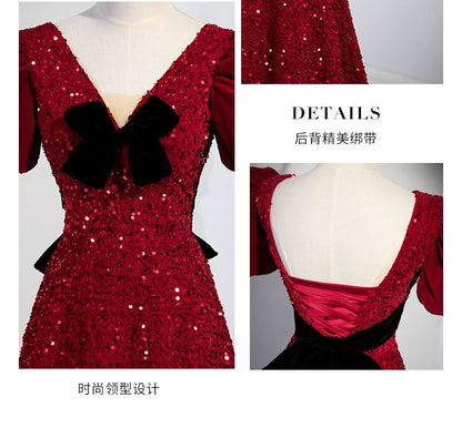 Puff-Sleeve V-Neck Bow Sequined A-Line Evening Gown