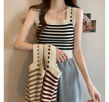 Neck Crop Tank Top Square Striped