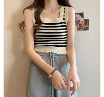 Neck Crop Tank Top Square Striped