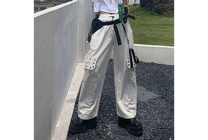 High Waist Lettering Embroidered Loose-Fit Wide-Leg Cargo Pants