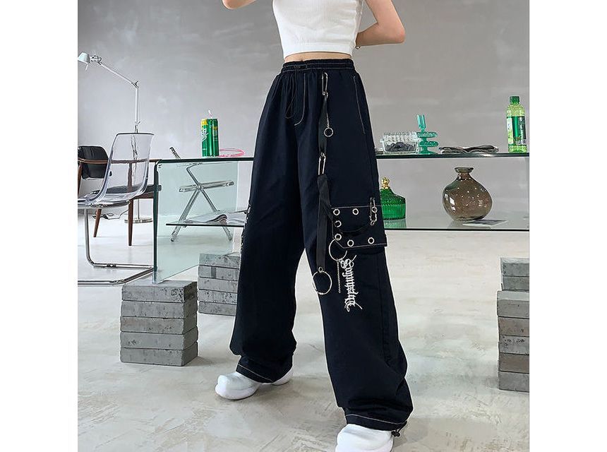 High Waist Lettering Embroidered Loose-Fit Wide-Leg Cargo Pants