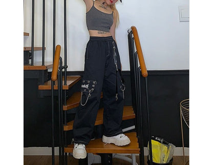 High Waist Lettering Embroidered Loose-Fit Wide-Leg Cargo Pants