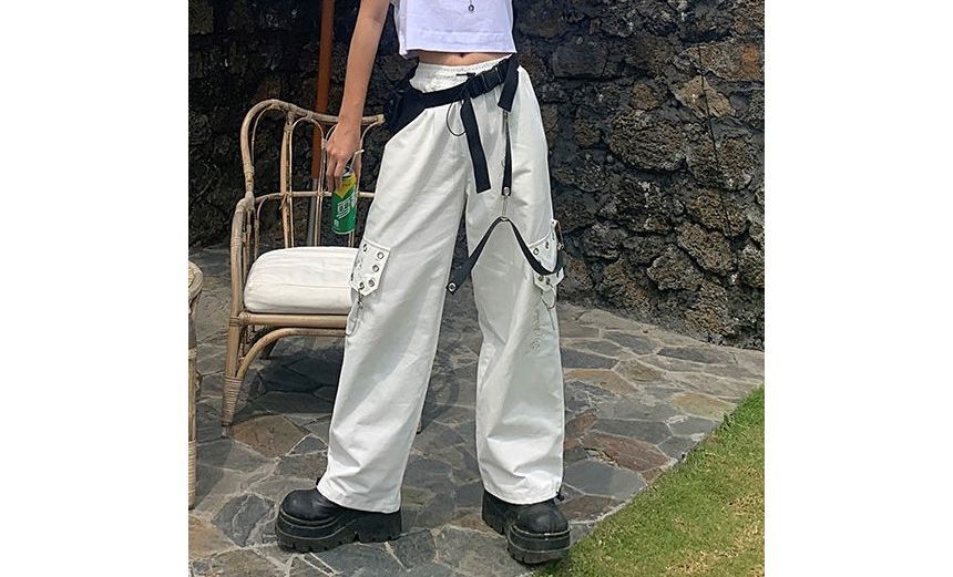 High Waist Lettering Embroidered Loose-Fit Wide-Leg Cargo Pants