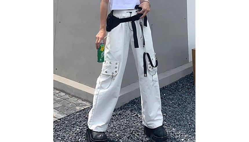 High Waist Lettering Embroidered Loose-Fit Wide-Leg Cargo Pants