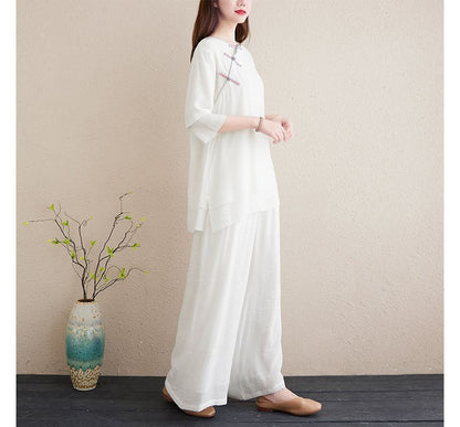 Set: 3/4-Sleeve Plain Frog Buttoned Cheongsam Top + High Rise Plain Wide Leg Pants