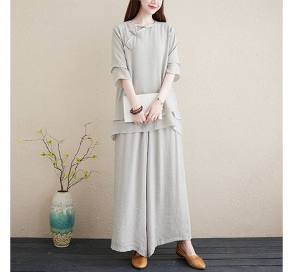 Set: 3/4-Sleeve Plain Frog Buttoned Cheongsam Top + High Rise Plain Wide Leg Pants