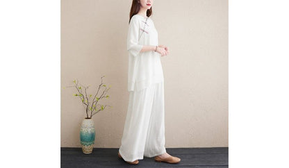 Set: 3/4-Sleeve Plain Frog Buttoned Cheongsam Top + High Rise Plain Wide Leg Pants