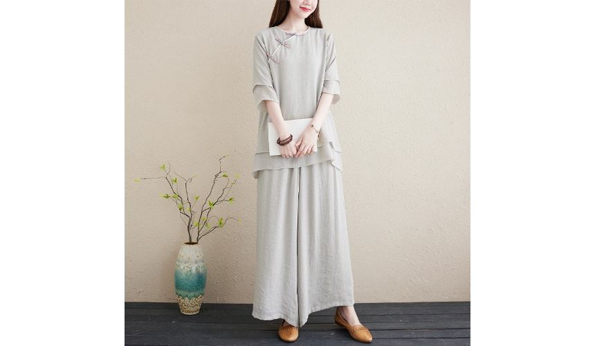 Set: 3/4-Sleeve Plain Frog Buttoned Cheongsam Top + High Rise Plain Wide Leg Pants