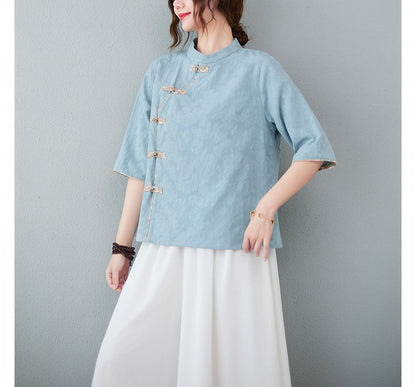 Short-Sleeve Frog Buttoned Plain Cheongsam Top