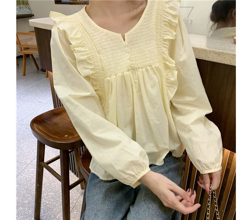 Scoop Neck Plain Ruffle Trim Blouse