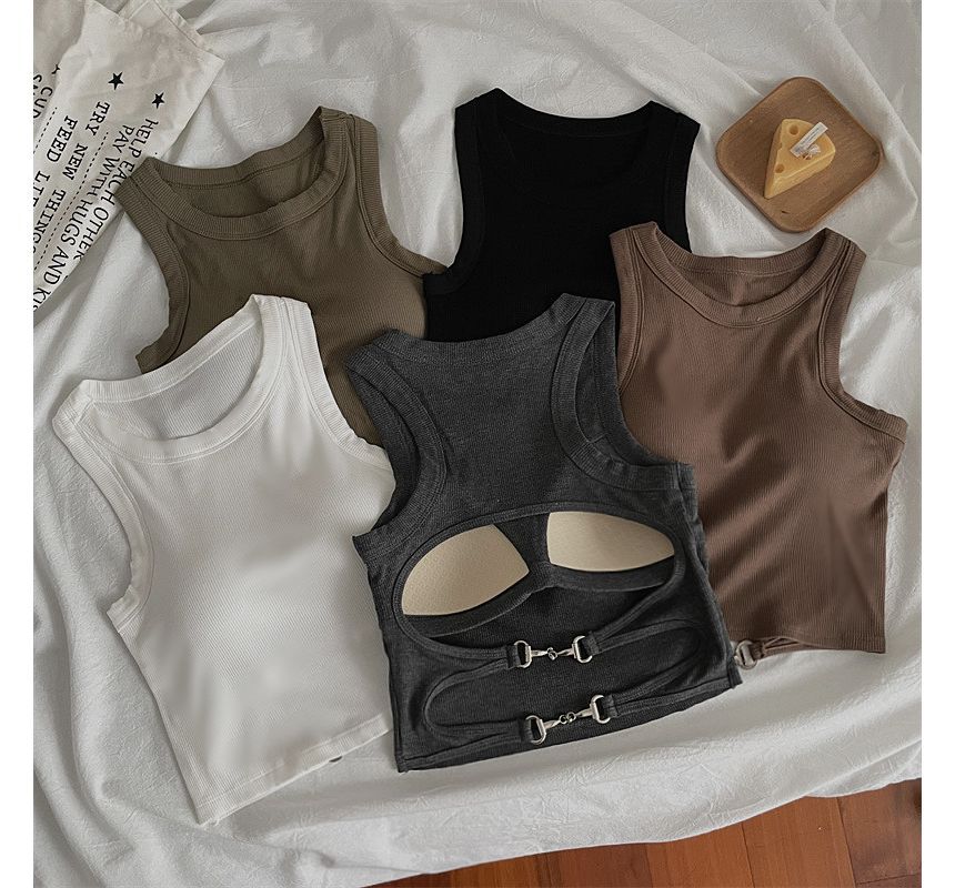 Round Neck Plain Cutout Back Padded Tank Top