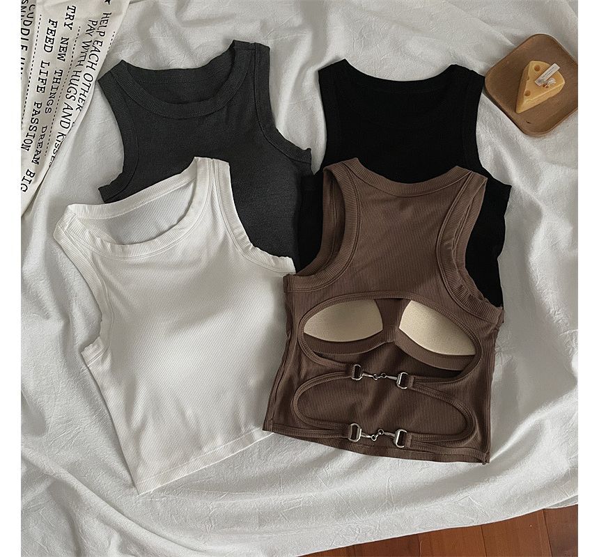 Round Neck Plain Cutout Back Padded Tank Top