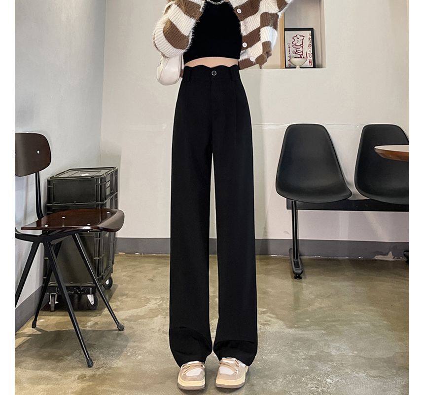 High Rise Plain Scallop Edge Wide Leg Pants