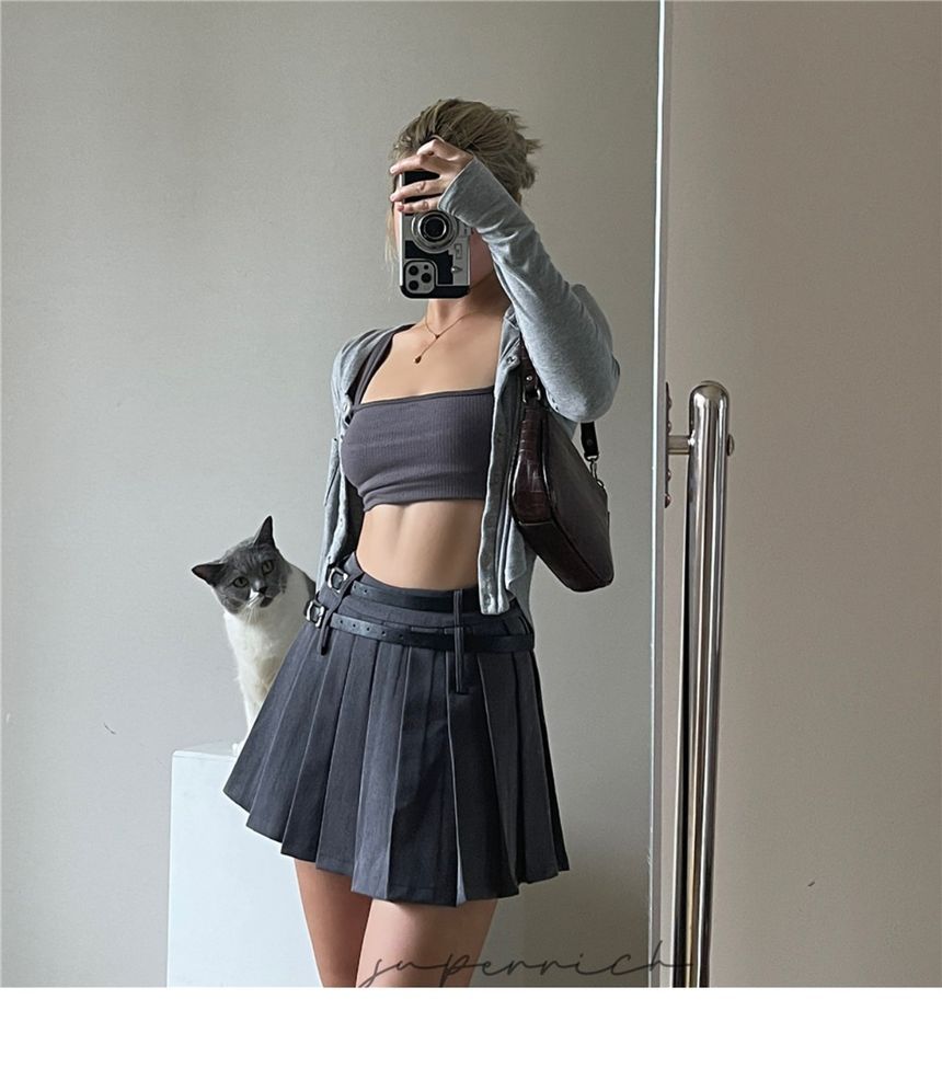 Rise Plain Mini Skirt High Pleated