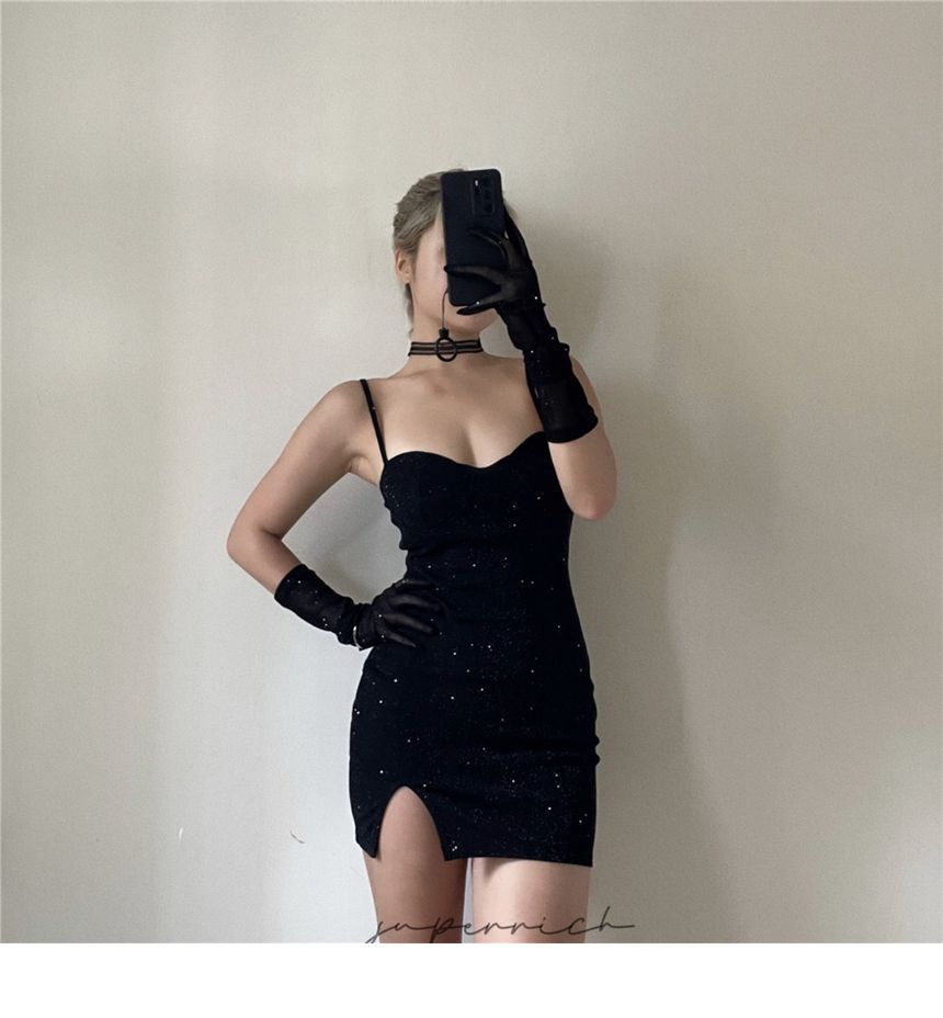 Dress Rhinestone Gloves Spaghetti Bodycon Strap Mini Neckline Set: + Long Sweetheart