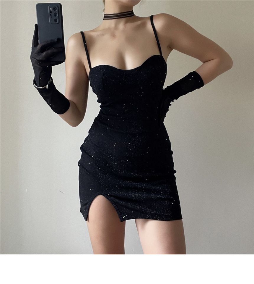 Bodycon Set: Gloves Dress Neckline Sweetheart Spaghetti Long Rhinestone + Mini Strap