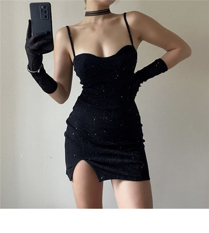 Bodycon Set: Gloves Dress Neckline Sweetheart Spaghetti Long Rhinestone + Mini Strap