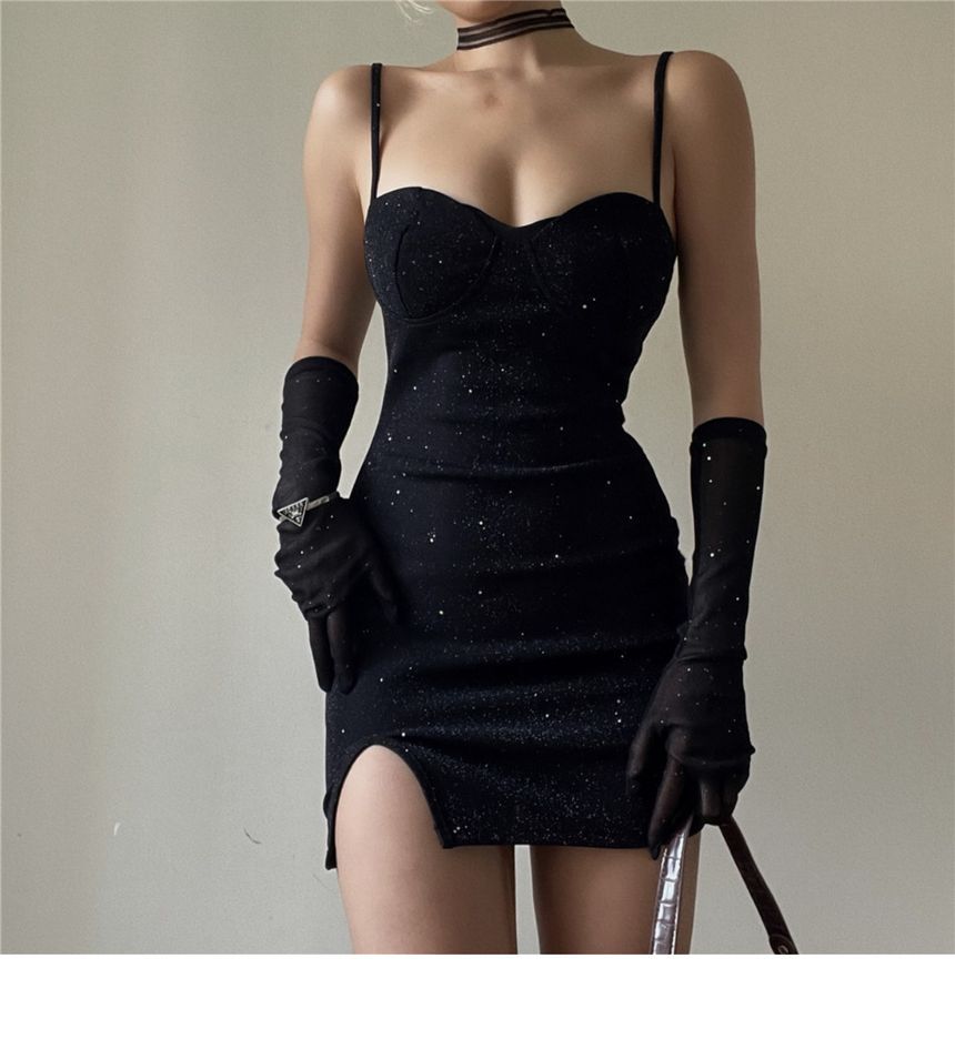 Dress Rhinestone Gloves Spaghetti Bodycon Strap Mini Neckline Set: + Long Sweetheart