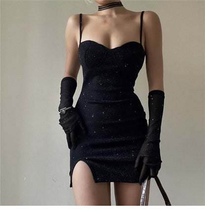 Dress Rhinestone Gloves Spaghetti Bodycon Strap Mini Neckline Set: + Long Sweetheart