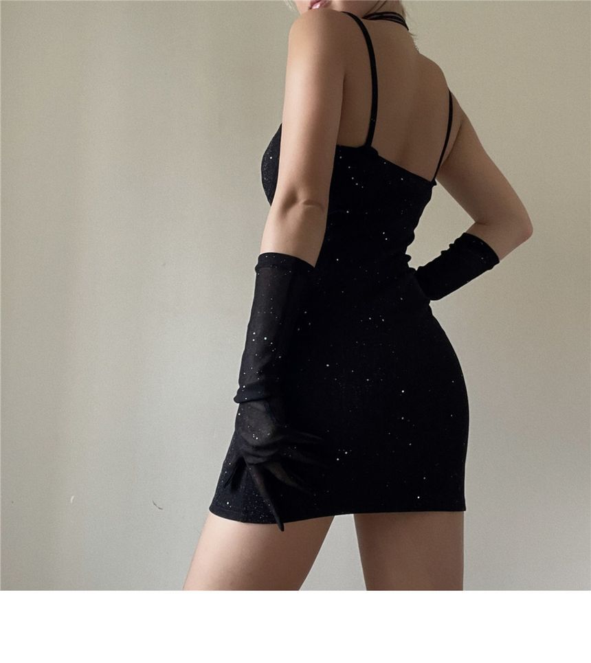 Dress Rhinestone Gloves Spaghetti Bodycon Strap Mini Neckline Set: + Long Sweetheart