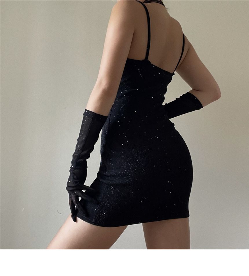 Dress Rhinestone Gloves Spaghetti Bodycon Strap Mini Neckline Set: + Long Sweetheart