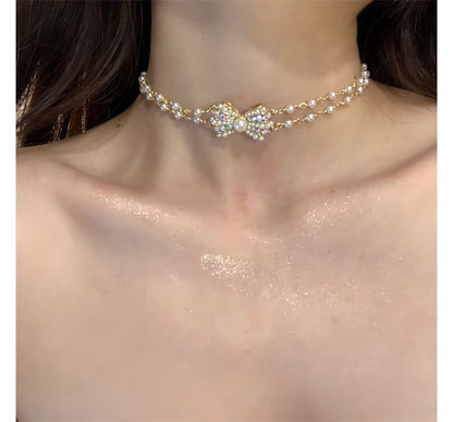 Choker Alloy Faux Layered Bow Pearl