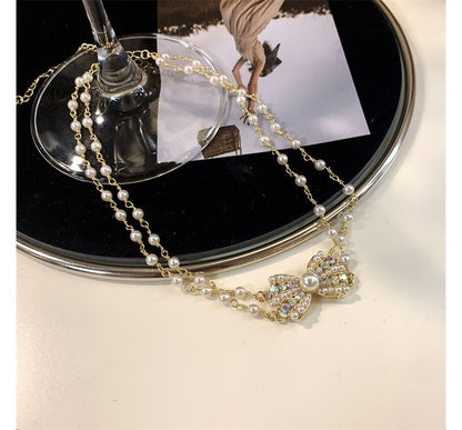 Choker Alloy Faux Layered Bow Pearl