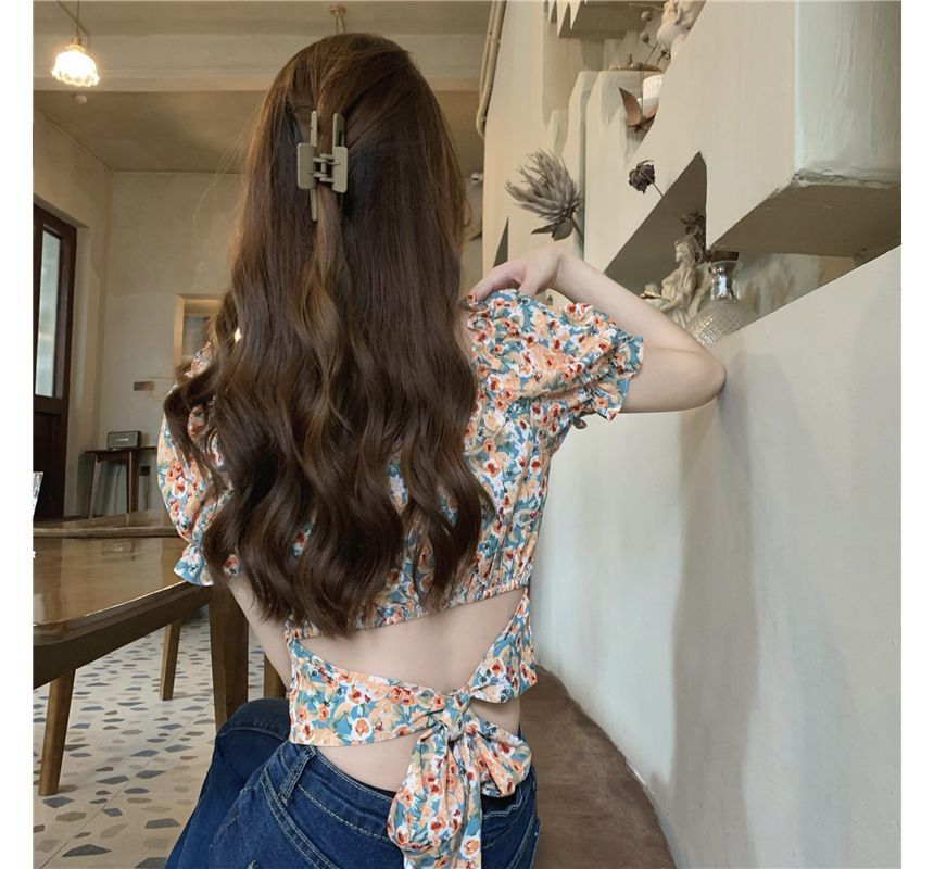 Puff-Sleeve Square-Neck Floral Print Ruffled Bow Back Crop Blouse