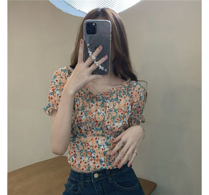 Puff-Sleeve Square-Neck Floral Print Ruffled Bow Back Crop Blouse