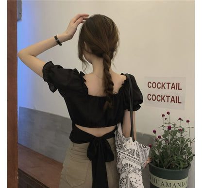 Puff-Sleeve Square-Neck Floral Print Ruffled Bow Back Crop Blouse