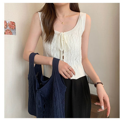 Vest Cable-Knit Knit Lace-Up