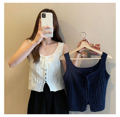Vest Cable-Knit Knit Lace-Up