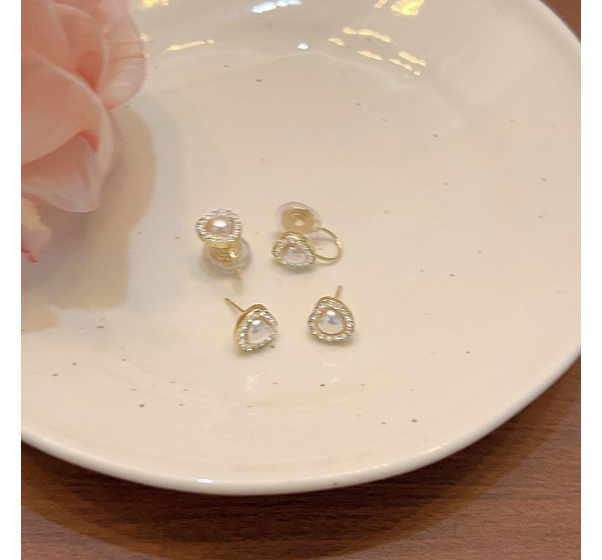 / Heart Faux Earring Clip-On Stud Rhinestone Pearl