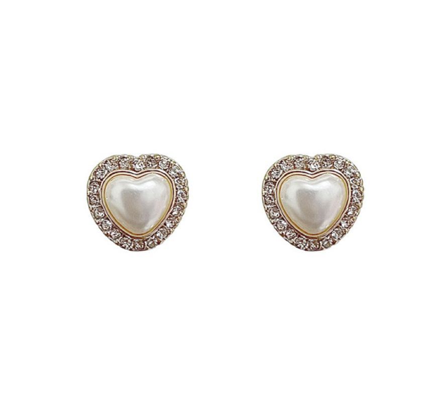 / Heart Faux Earring Clip-On Stud Rhinestone Pearl