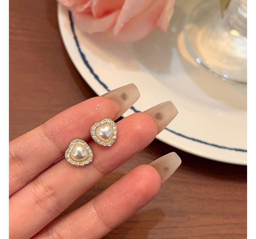 / Heart Faux Earring Clip-On Stud Rhinestone Pearl