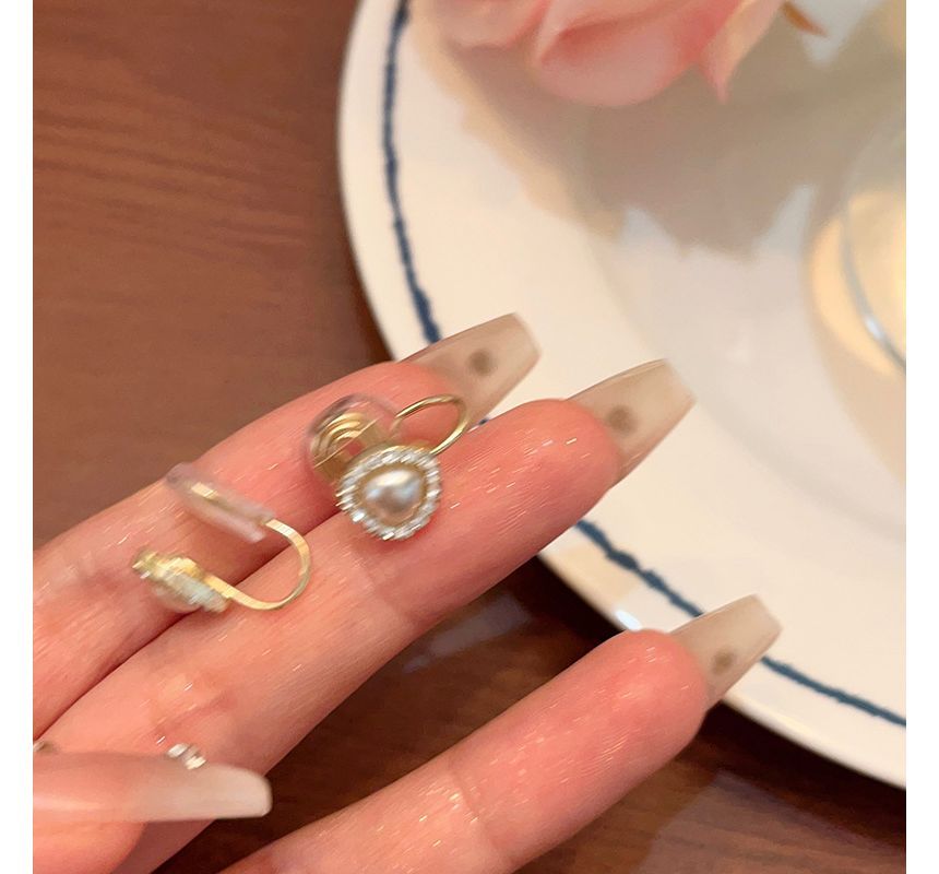 / Heart Faux Earring Clip-On Stud Rhinestone Pearl