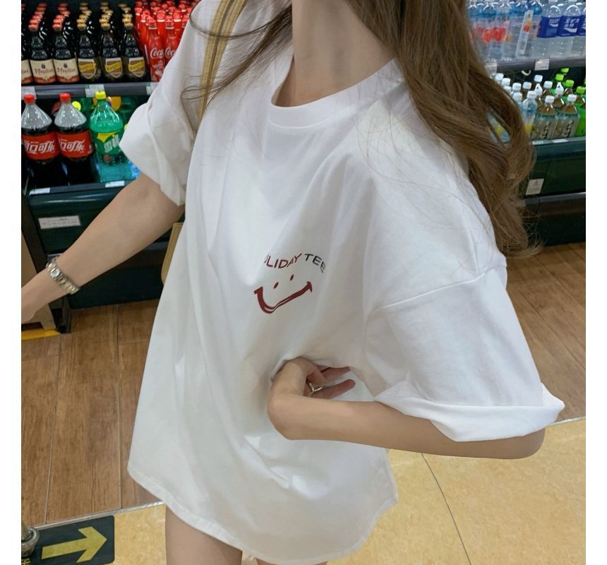 Smiley Face Tunic Tee Short-Sleeve Neck Crew Print