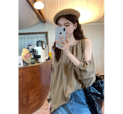 Long-Sleeve Cold Shoulder Plain Gathered Top