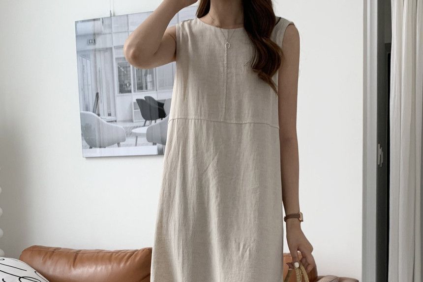 Sleeveless Round Neck Plain Midi A-Line Dress