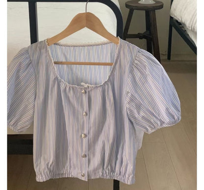 Short-Sleeve Round Neck Striped Blouse