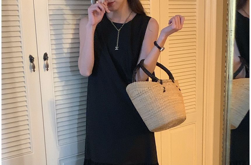 Sleeveless Crew Neck Plain Midi A-Line Dress