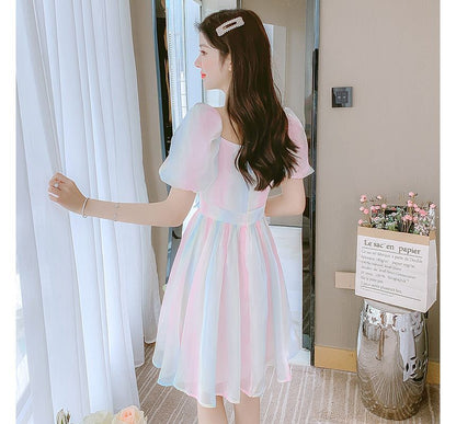 Puff Sleeve Square Neck Gradient Flower Detail A-Line Dress (Various Designs)