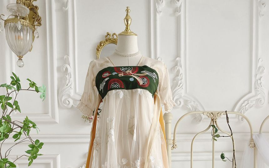 Short-Sleeve Embroidered Panel Mesh Hanfu Dress