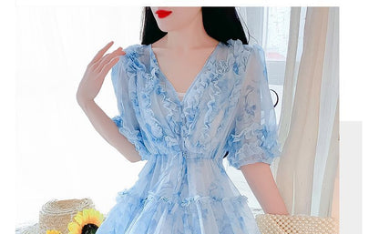 Elbow-Sleeve V-Neck Floral Print Frill Tiered Button A-Line Dress