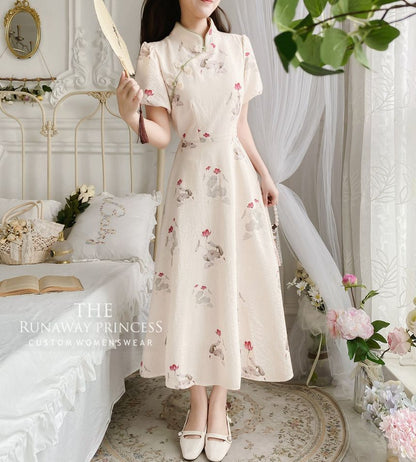 Puff Sleeve Mandarin Collar Floral Print Midi A-Line Dress