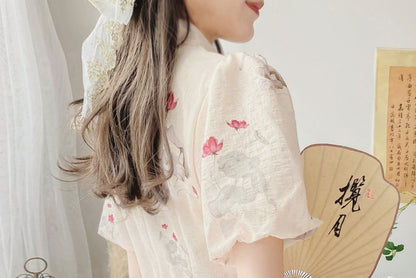 Puff Sleeve Mandarin Collar Floral Print Midi A-Line Dress