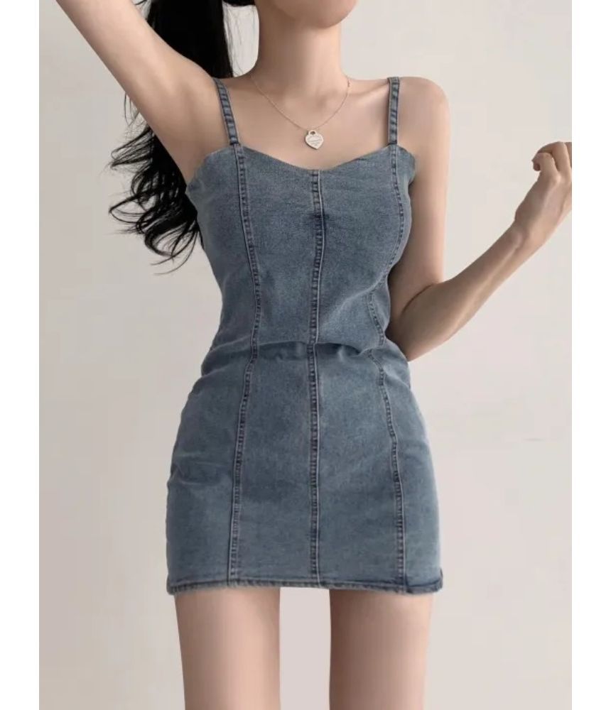 Spaghetti Strap Plain Denim Mini Bodycon Dress